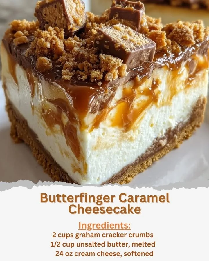 Butterfinger caramel cheesecake topped with crunchy Butterfinger pieces