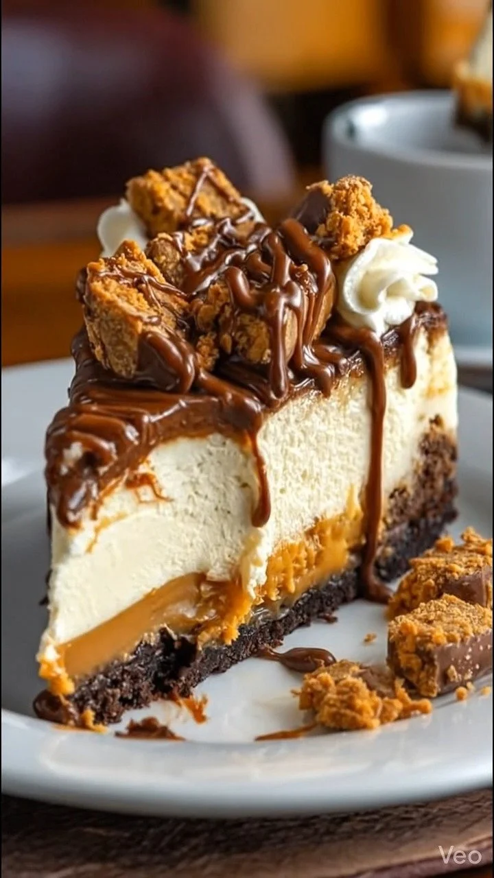 Delicious Butterfinger Cheesecake with chocolate and candy topping