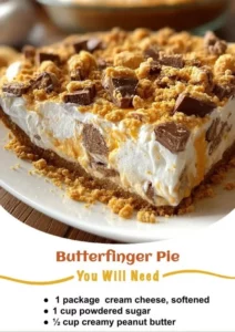 Delicious Butterfinger Pie topped with chocolate and crushed Butterfinger bars