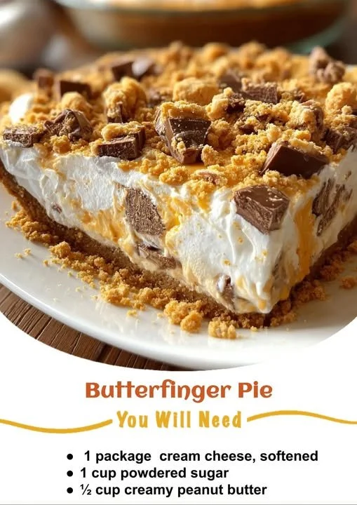 Delicious Butterfinger Pie topped with chocolate and crushed Butterfinger bars