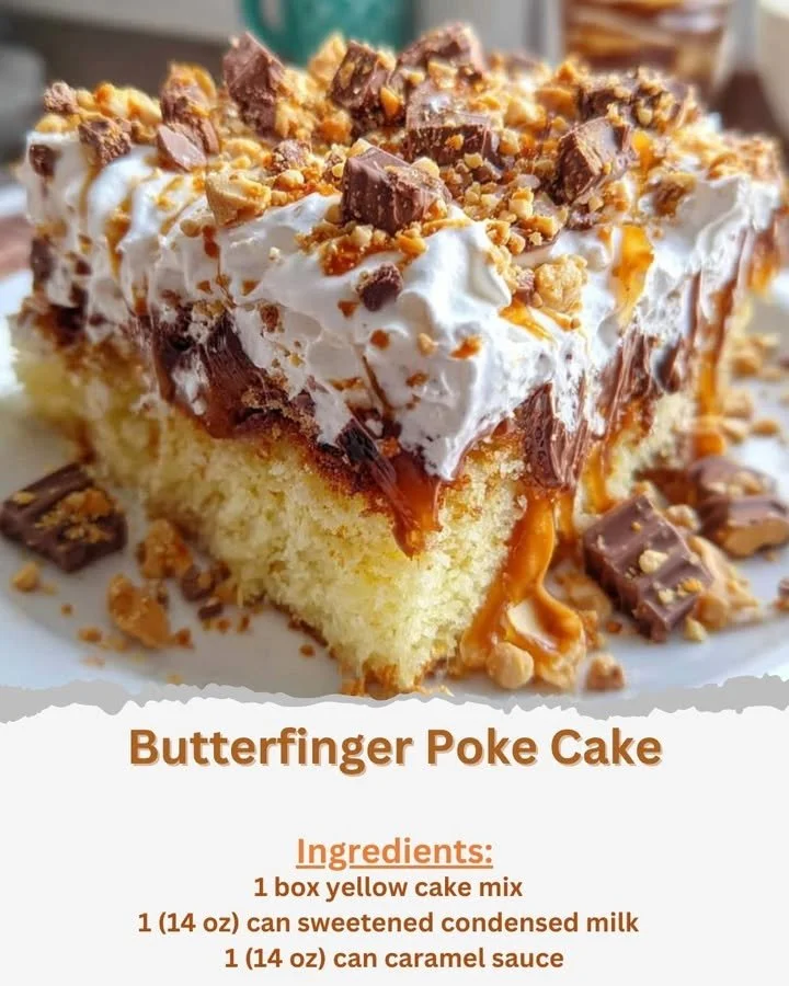 Delicious Butterfinger Poke Cake topped with Butterfinger bits and chocolate frosting