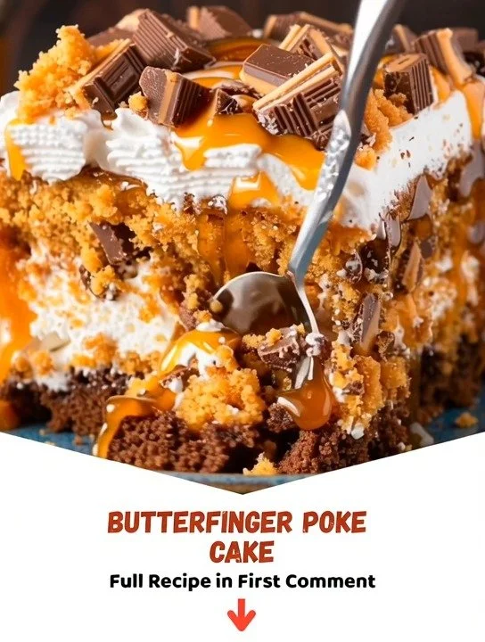 Delicious Butterfinger Poke Cake with chocolate and Butterfinger topping