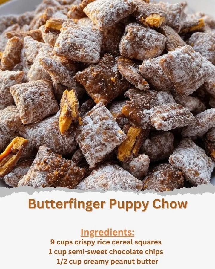 Bowl of Butterfinger Puppy Chow snack with chocolate and crushed candy bar toppings