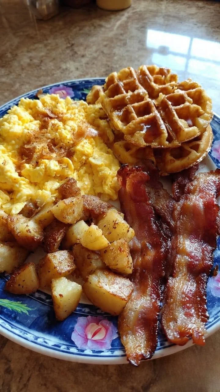 Delicious buttermilk waffles with syrup drizzled on top ready to enjoy.