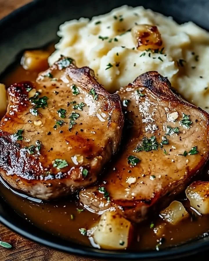 Buttery garlic pork chops served with creamy mashed potatoes on a plate.