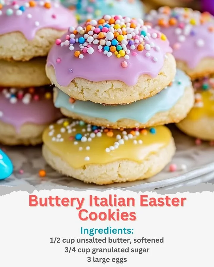 Homemade buttery Italian Easter cookies decorated with icing and sprinkles.