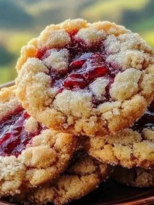 Buttery raspberry crumble cookies on a baking tray.
