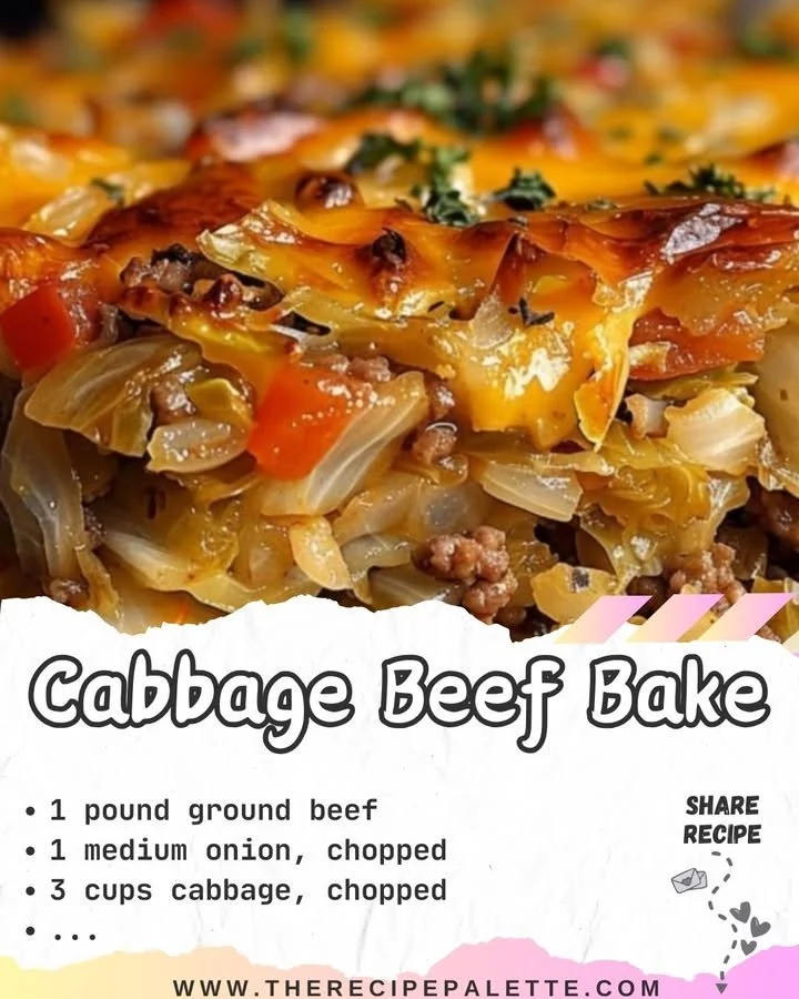 Hearty Cabbage Beef Bake dish topped with cheese and herbs