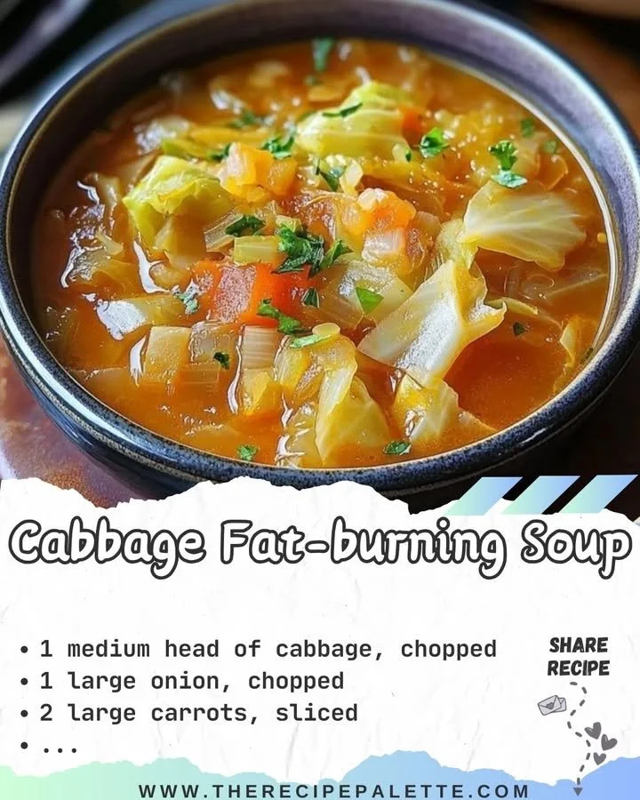 Bowl of healthy cabbage fat-burning soup surrounded by fresh ingredients