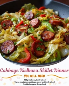 Delicious Cabbage Kielbasa skillet dinner with savory vegetables.