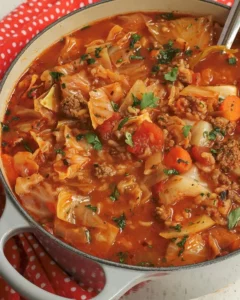 A bowl of delicious cabbage roll soup with cabbage, meat, and rice.