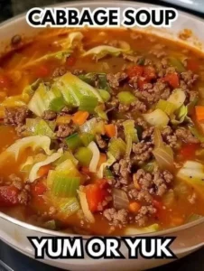 Delicious bowl of healthy cabbage soup with vegetables and herbs