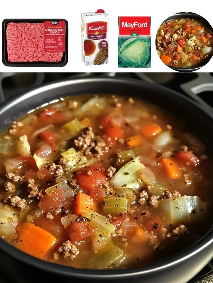 A bowl of cabbage soup with ground beef topped with fresh herbs.