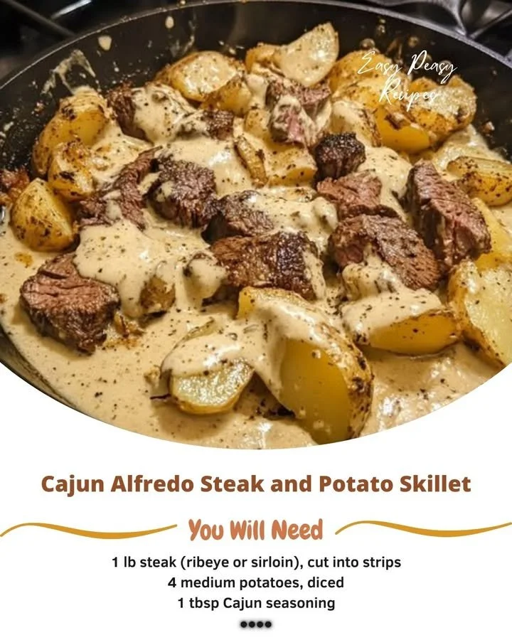 Cajun Alfredo steak and potato skillet served in a skillet dish