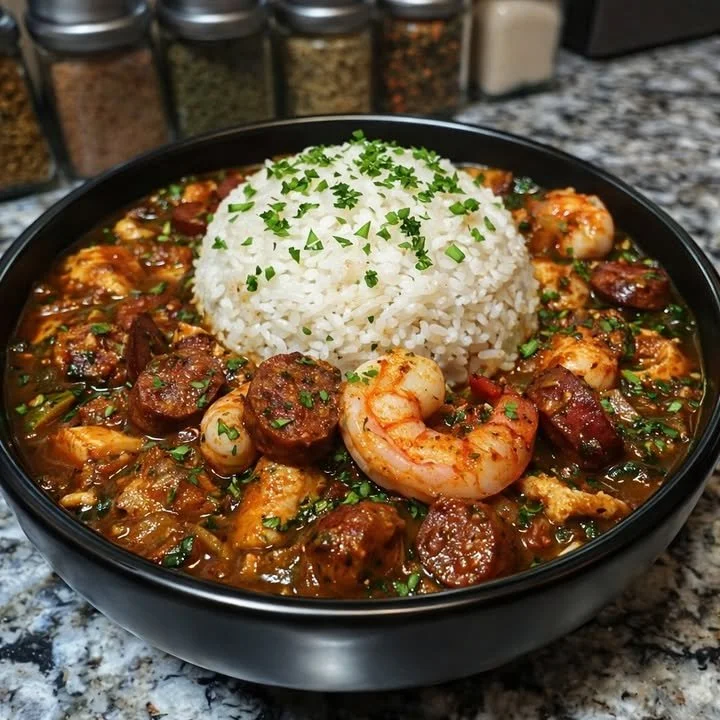Delicious Cajun Chicken, Shrimp, and Sausage Gumbo served in a rustic bowl