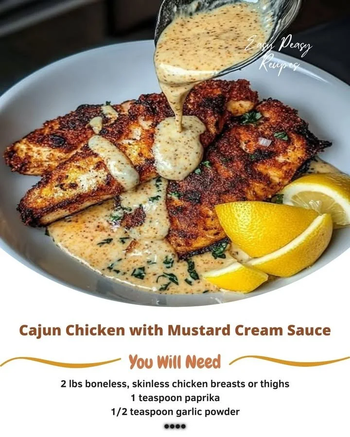 Cajun chicken served with a rich mustard cream sauce, garnished with herbs.