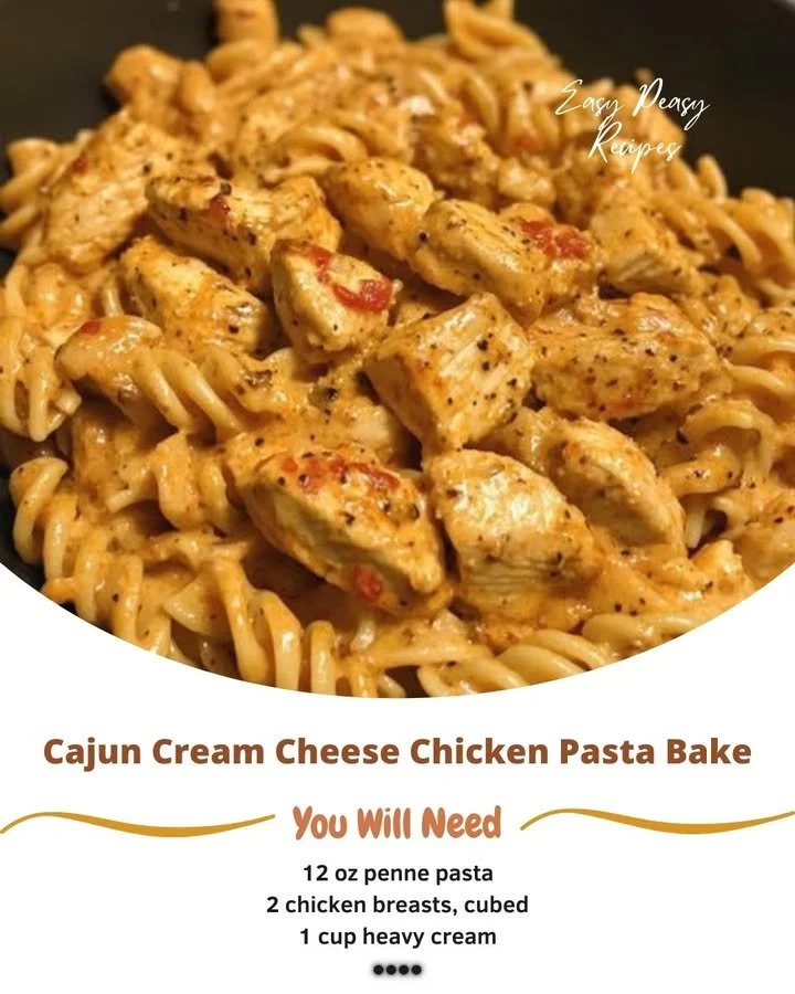 Cajun Cream Cheese Chicken Pasta Bake served in a casserole dish