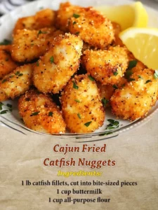 Cajun fried catfish nuggets, crispy and golden brown on a plate