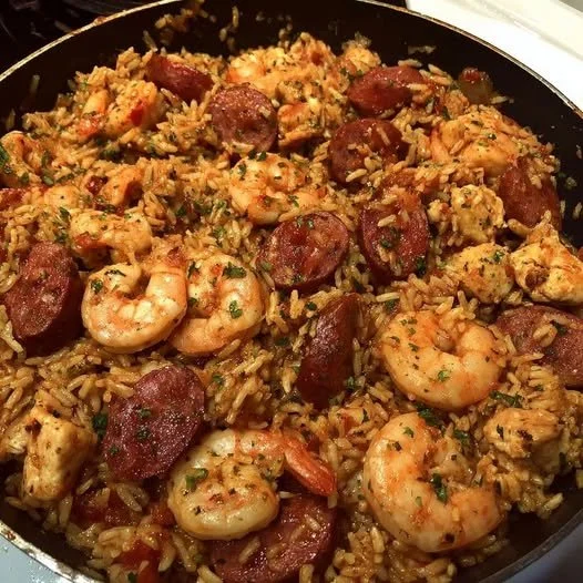 Delicious Cajun Jambalaya with shrimp, chicken, and sausage in a vibrant bowl