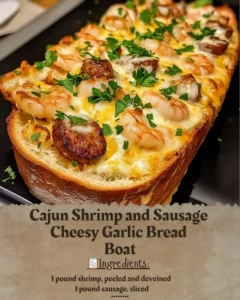 Cajun shrimp and sausage cheesy garlic bread boat, a flavorful dish.