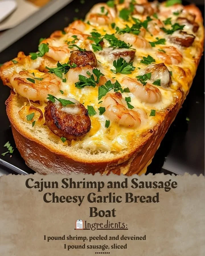 Cajun shrimp and sausage cheesy garlic bread boat, a flavorful dish.