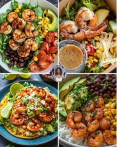 Cajun shrimp and avocado salad served in a bowl with fresh greens
