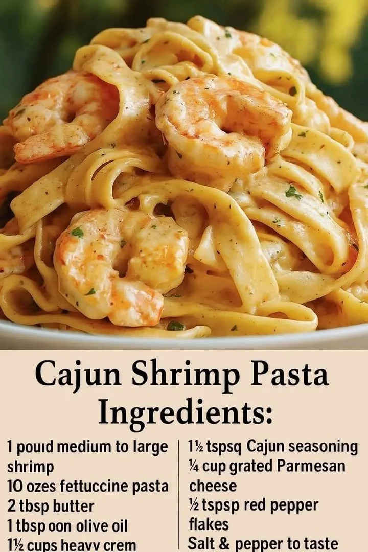 Plate of spicy Cajun Shrimp Pasta garnished with herbs