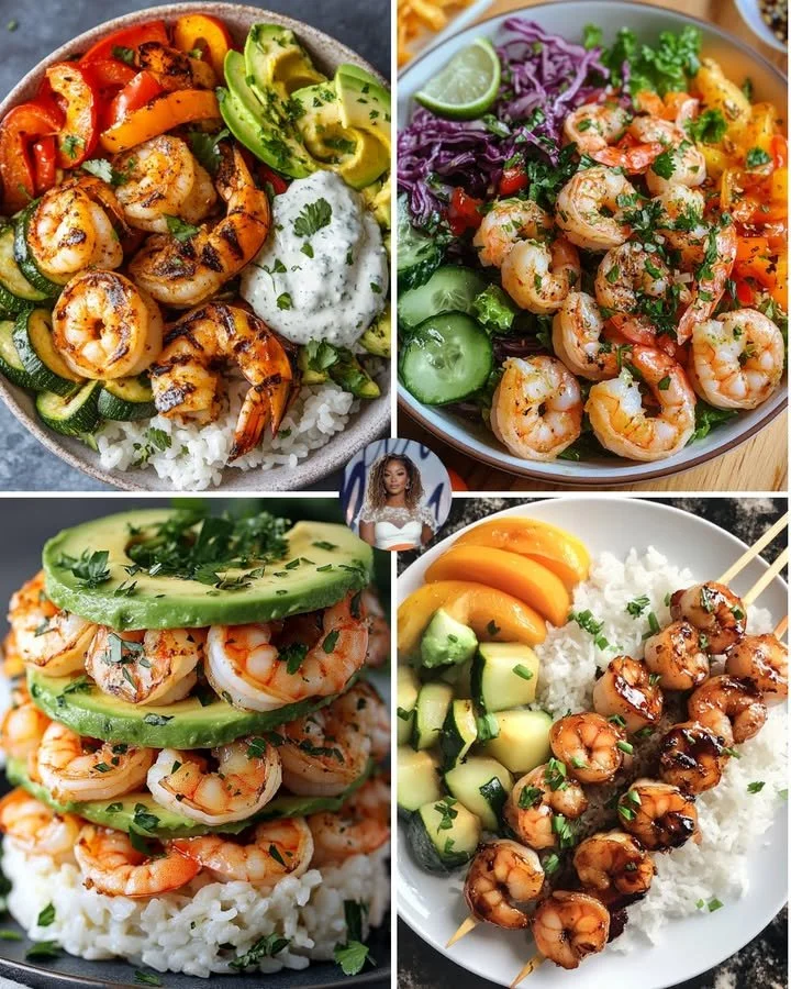 Cajun shrimp with roasted vegetables in a colorful bowl