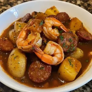 Bowl of Cajun shrimp, sausage, and potato stew garnished with fresh herbs.