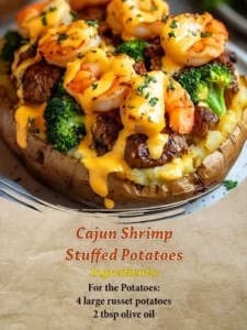 Cajun shrimp stuffed potatoes served on a plate with herbs