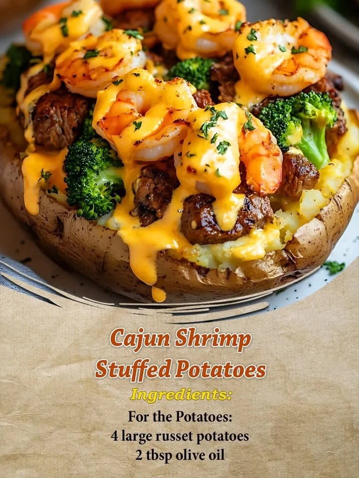 Cajun shrimp stuffed potatoes served on a plate with herbs
