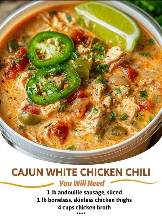 A bowl of delicious Cajun White Chicken Chili garnished with herbs and spices.