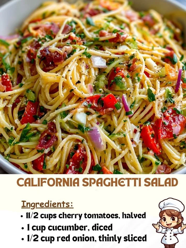 Colorful California Spaghetti Salad with vegetables and dressing