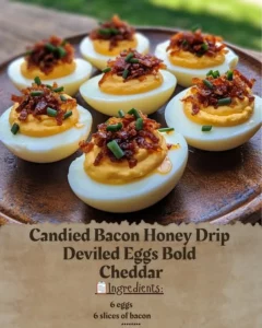 Candied Bacon Honey Drip Deviled Eggs topped with Bold Cheddar