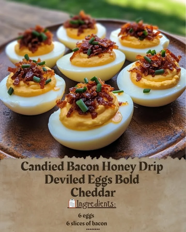 Candied Bacon Honey Drip Deviled Eggs topped with Bold Cheddar