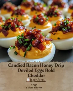 Candied Bacon Honey Drip Deviled Eggs with Bold Cheddar garnish