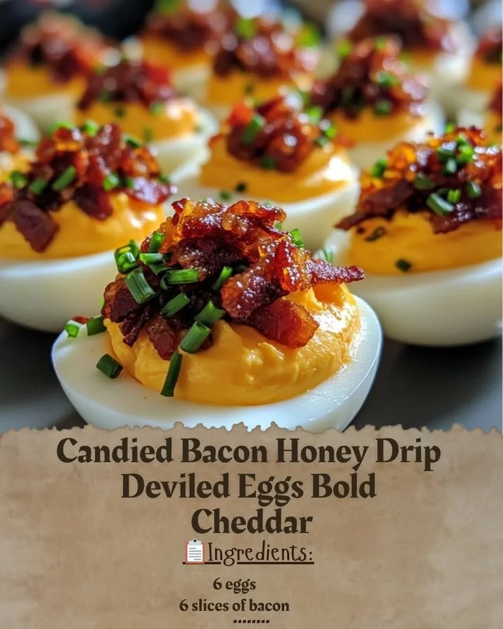Candied Bacon Honey Drip Deviled Eggs with Bold Cheddar garnish