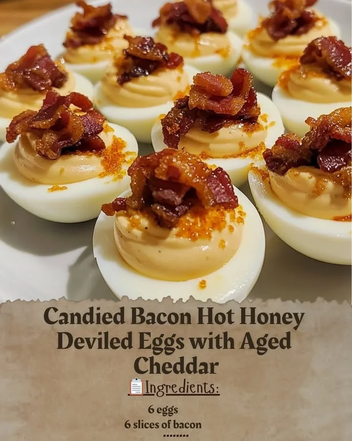 Candied Bacon Hot Honey Deviled Eggs topped with Aged Cheddar