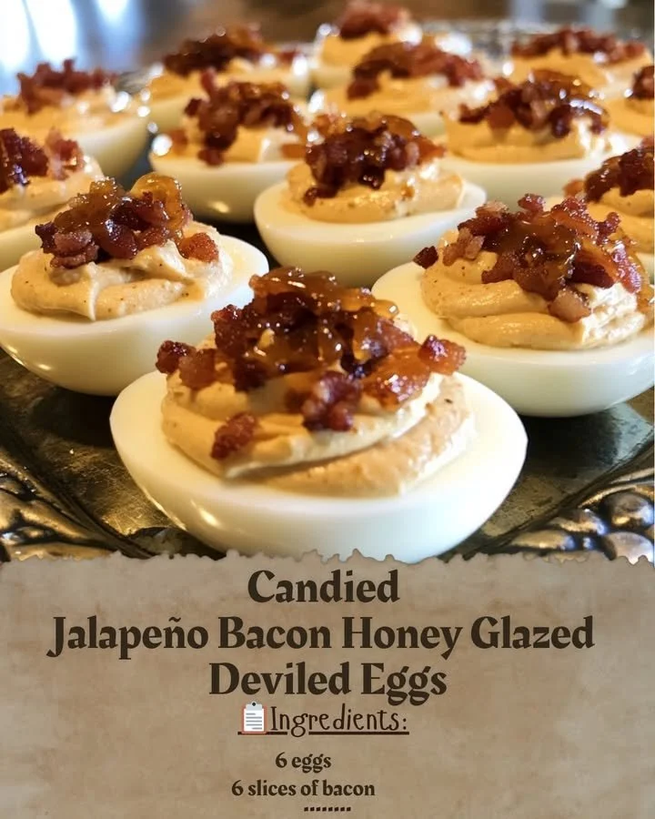 Candied jalapeño bacon honey glazed deviled eggs on a serving platter