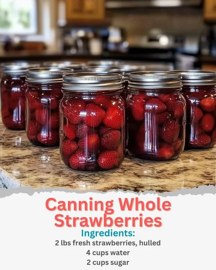 A jar of canned whole strawberries for preservation and enjoyment.