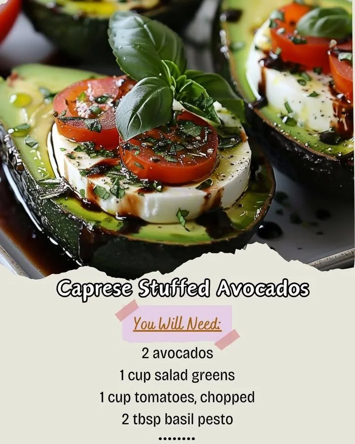 Caprese stuffed avocados with mozzarella, tomatoes, and basil.