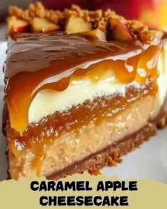 Delicious caramel apple cheesecake topped with caramel sauce and apple slices.