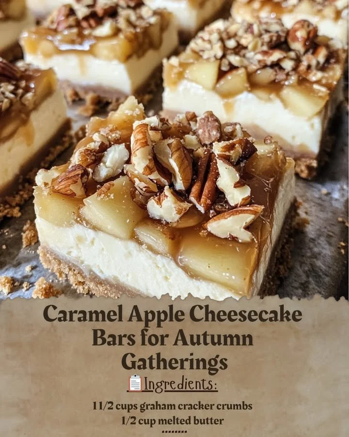 Caramel apple cheesecake bars with autumn spices and toppings