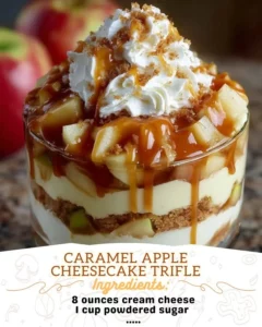 Delicious caramel apple cheesecake trifle layered with creamy cheesecake and caramel sauce.