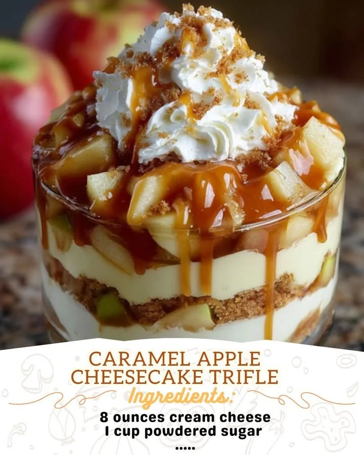 Delicious caramel apple cheesecake trifle layered with creamy cheesecake and caramel sauce.