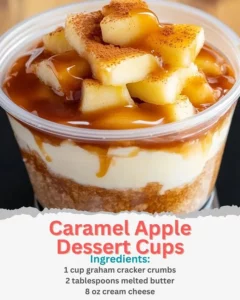 Caramel Apple Dessert Cups topped with caramel and apple slices