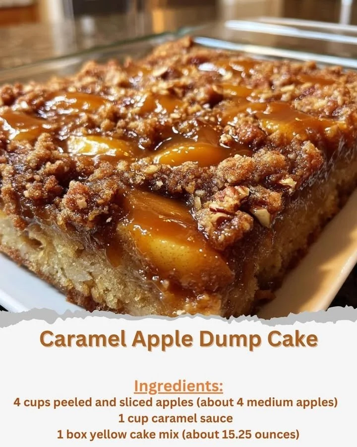Delicious Caramel Apple Dump Cake topped with rich caramel and apple slices.