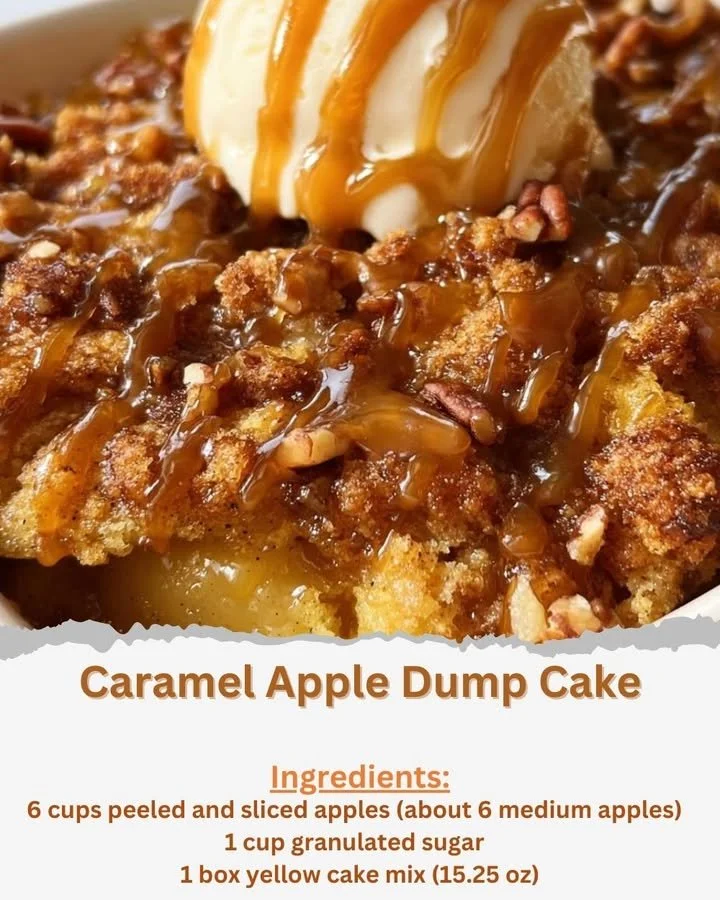 Delicious Caramel Apple Dump Cake with caramel drizzled on top