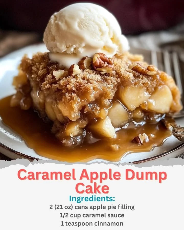Decadent caramel apple dump cake topped with caramel drizzle and apples.