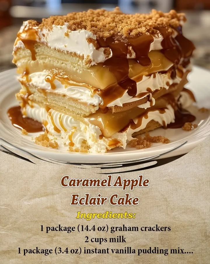 Caramel Apple Eclair Cake topped with caramel and apple slices